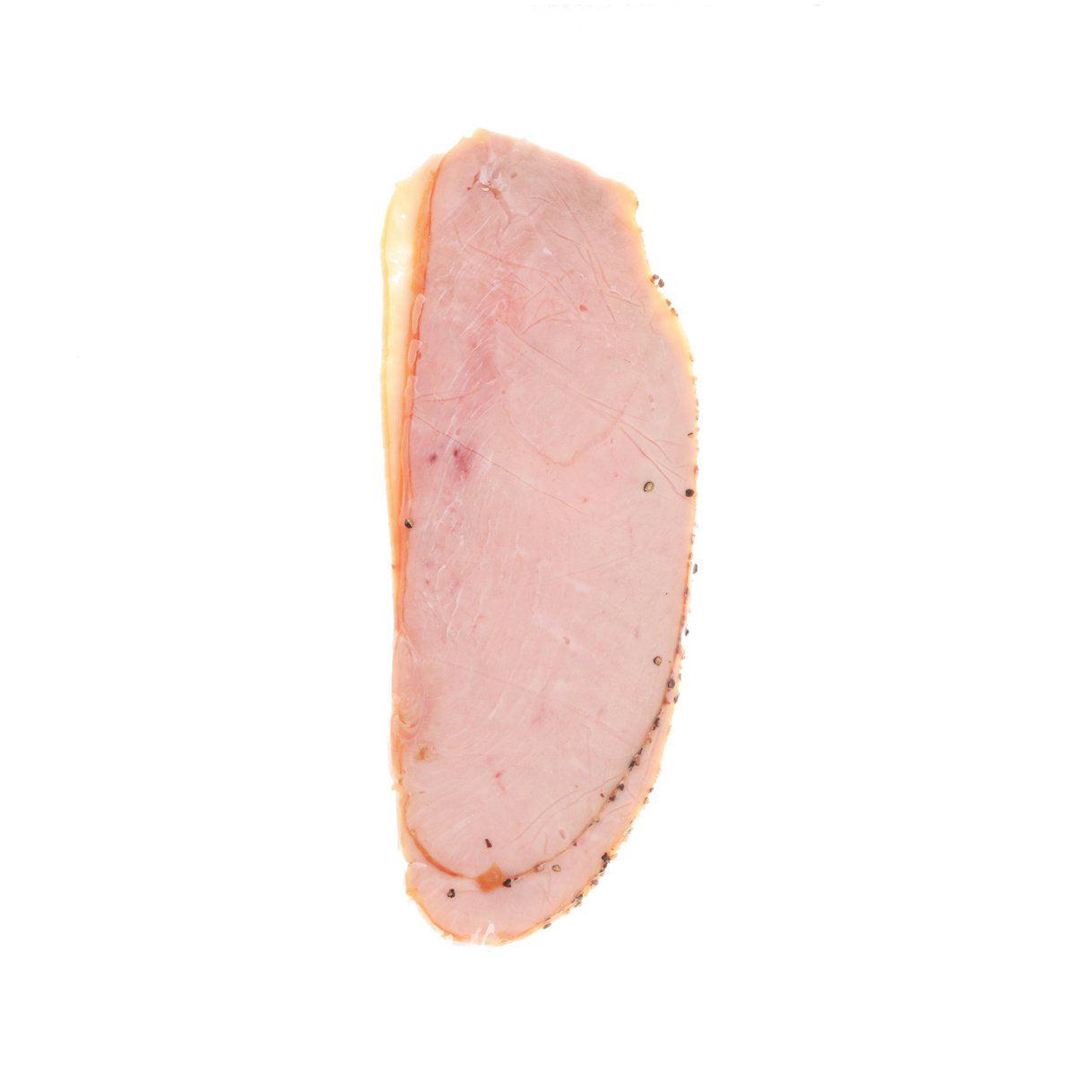 Naturally smoked cracked pepper turkey breast slice, pink with pepper specks