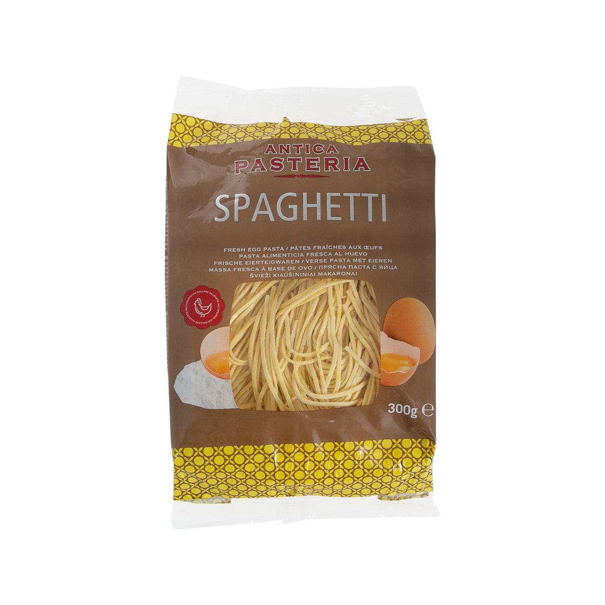 Dried spaghetti pasta in retail bag, front shows long yellow noodles; 300 g.