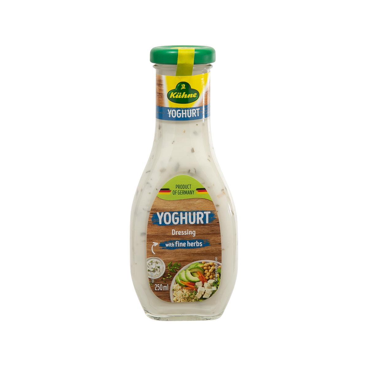 KUHNE yogurt dressing bottle with fine herbs, 250 mL, green cap and yellow label