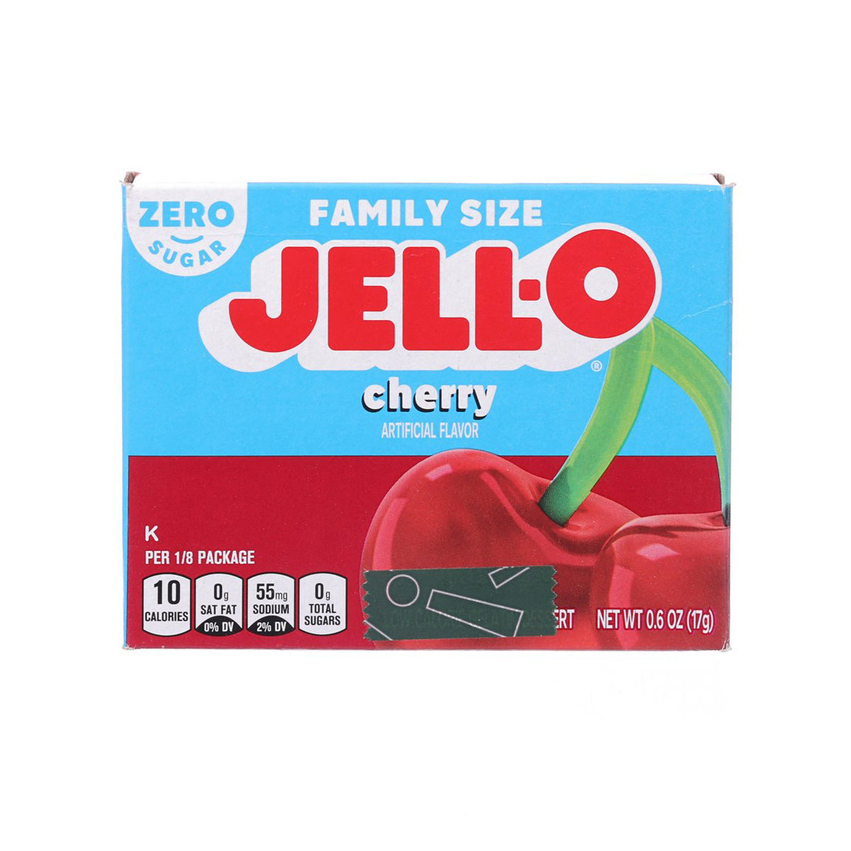 JELL-O sugar-free cherry gelatin dessert mix box, zero sugar, family size