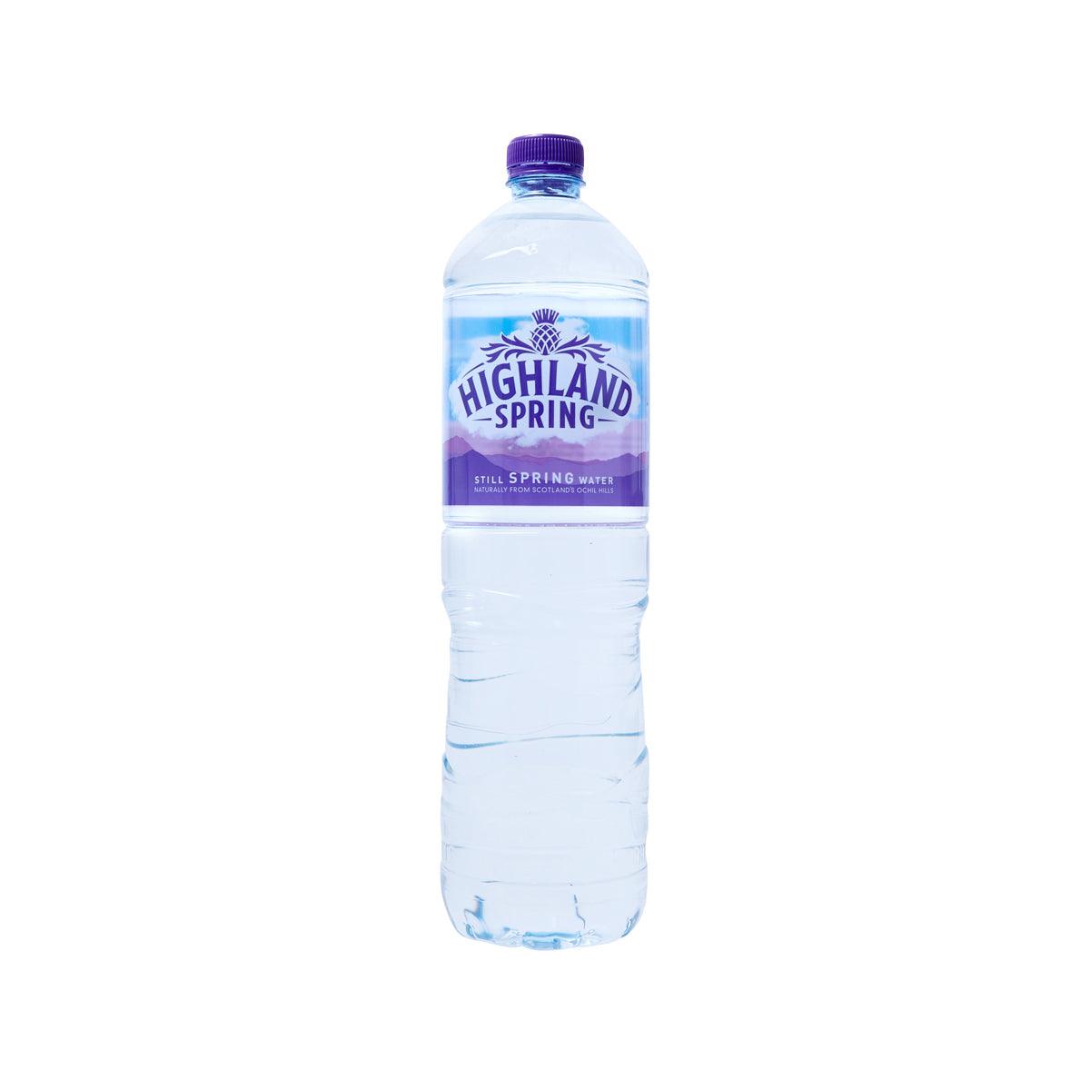HIGHLAND SPRING 1.5L PET still spring water bottle, clear plastic with purple cap