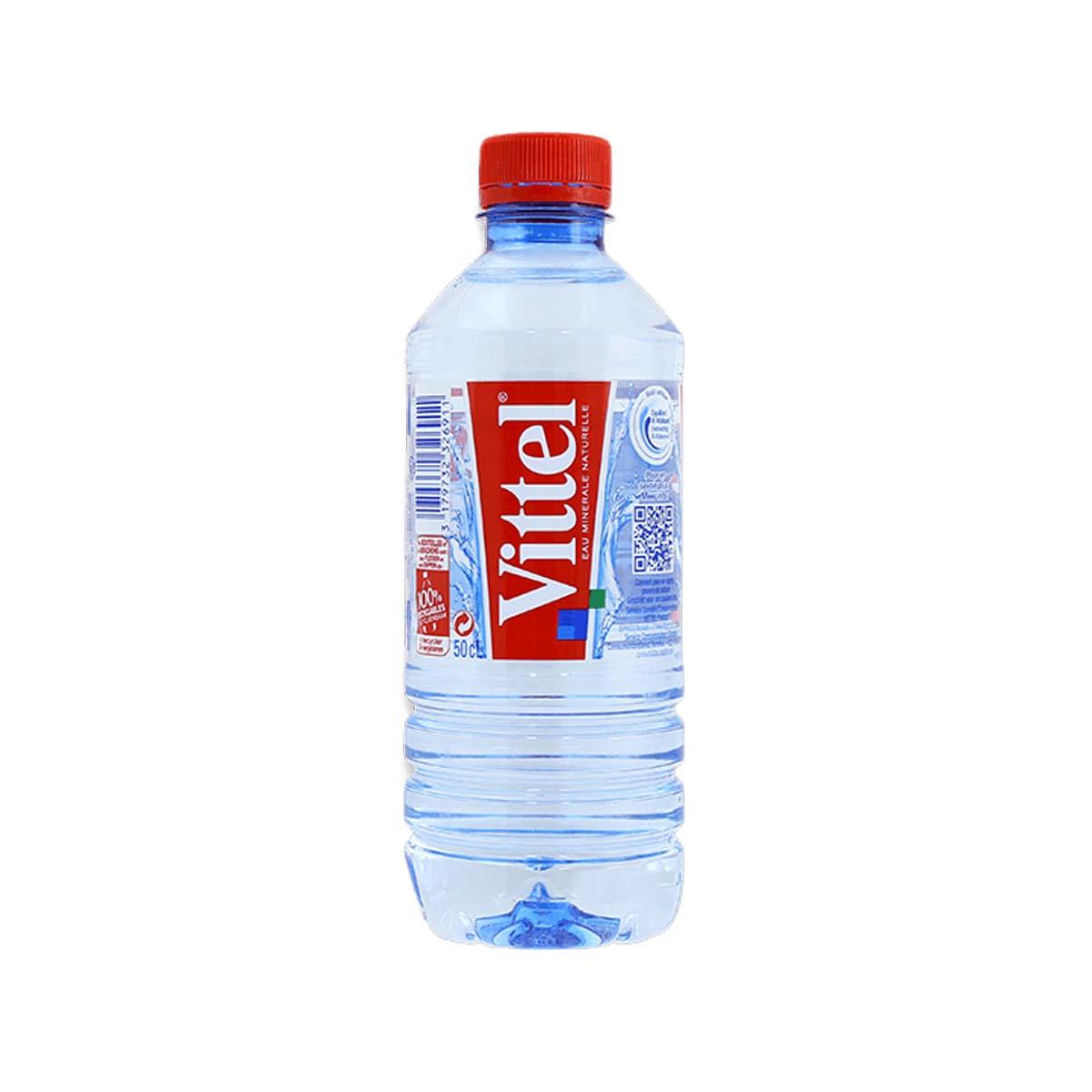 VITTEL natural mineral water bottle, 500 mL, clear liquid, red cap