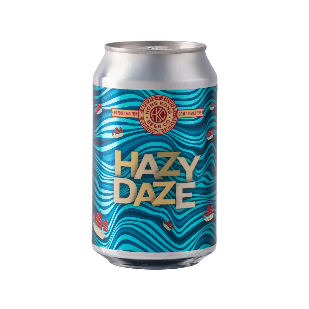 Hazy Daze hazy IPA beer can with teal wave label and HAZY DAZE text