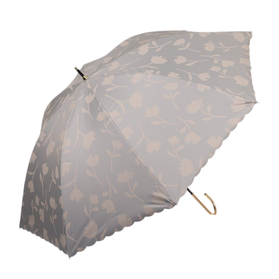 Floral shadow print umbrella with curved handle, gray-blue fabric canopy