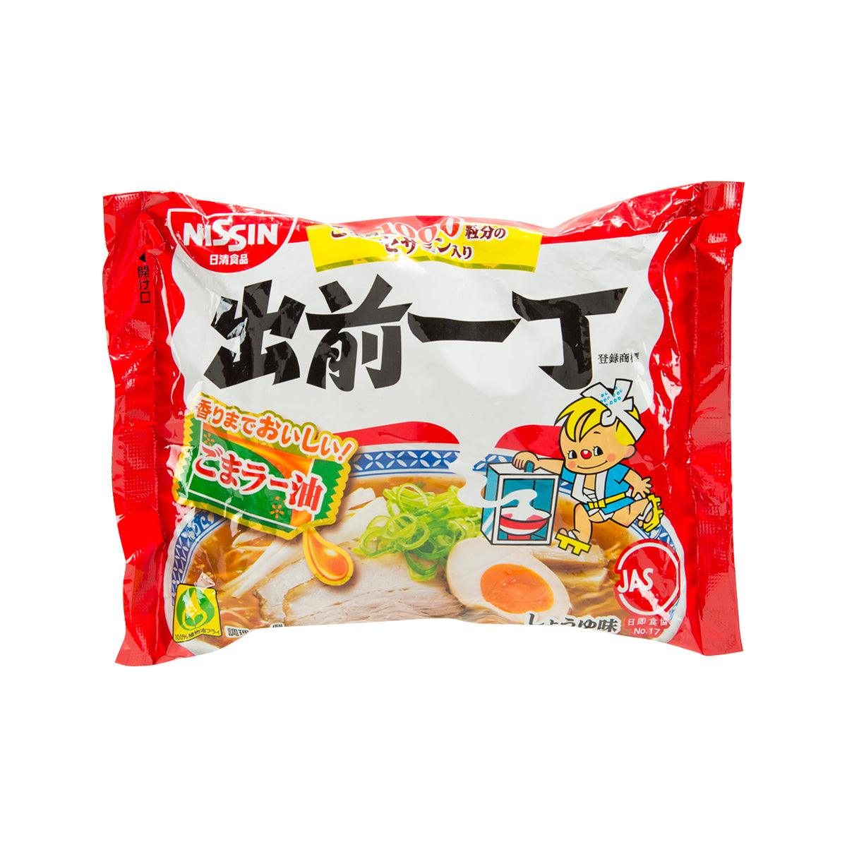 NISSIN Demae Iccho instant noodle packet, red and white with cartoon seasoning art