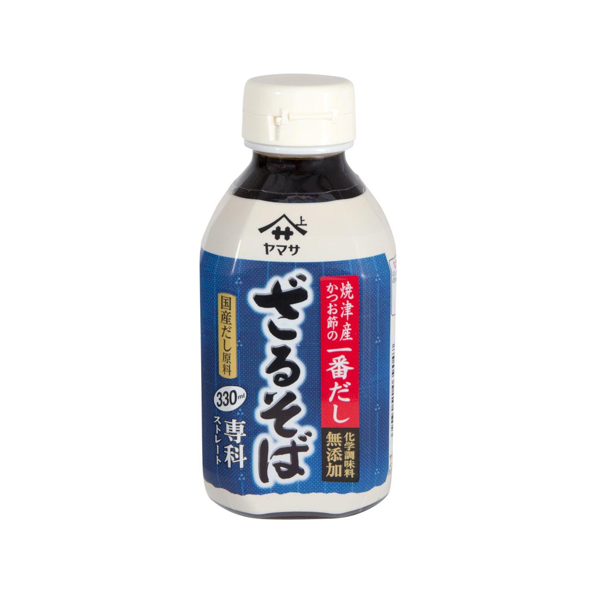 Soba noodle soup base bottle, dark brown with blue label and white cap