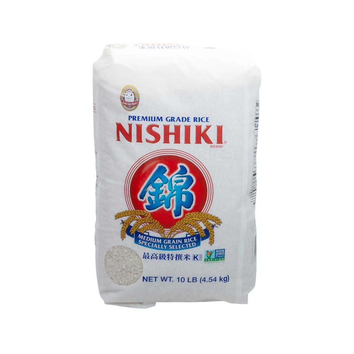 NISHIKI medium-grain rice bag, 4.54kg, white bag with red label