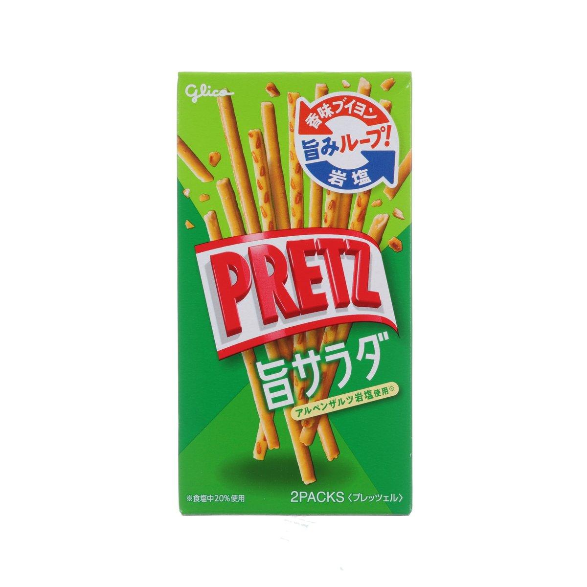 Glico pretz biscuit stick snack pack, green package with pretzel sticks graphic