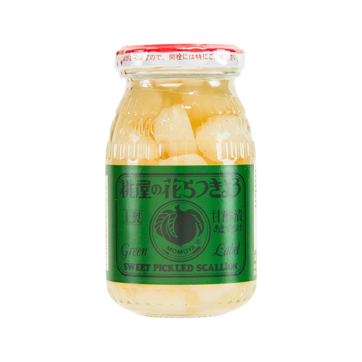 MOMOYA Hana rakkyo sweet pickled scallion jar, glass with yellow scallions and green label