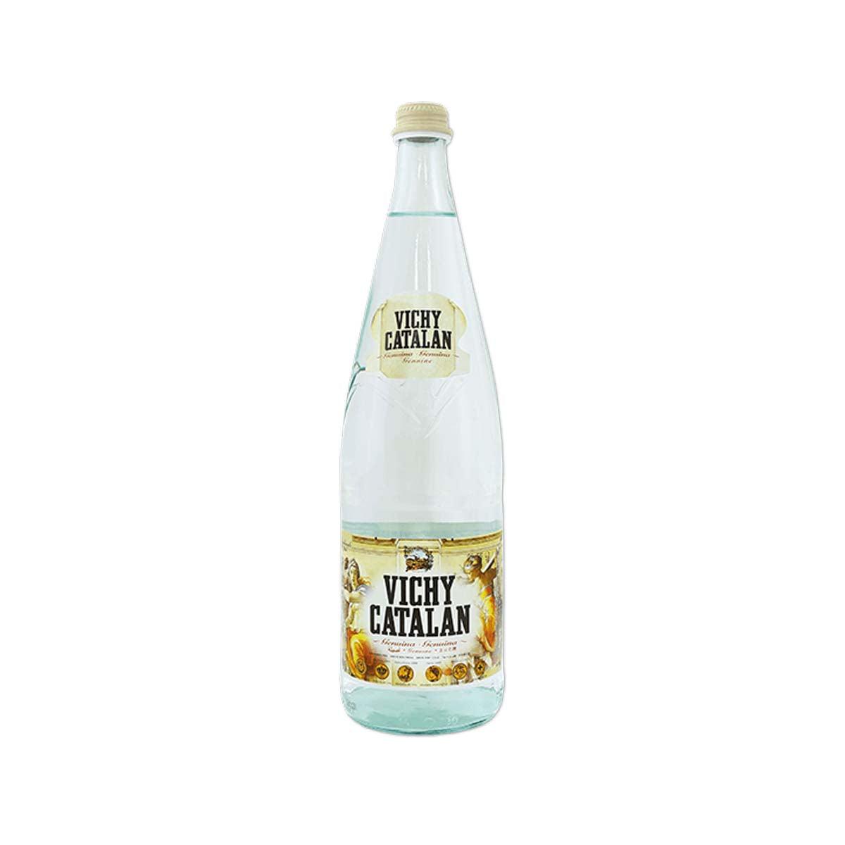 Carbonated natural mineral water bottle, 1000 mL, clear glass with yellow cap