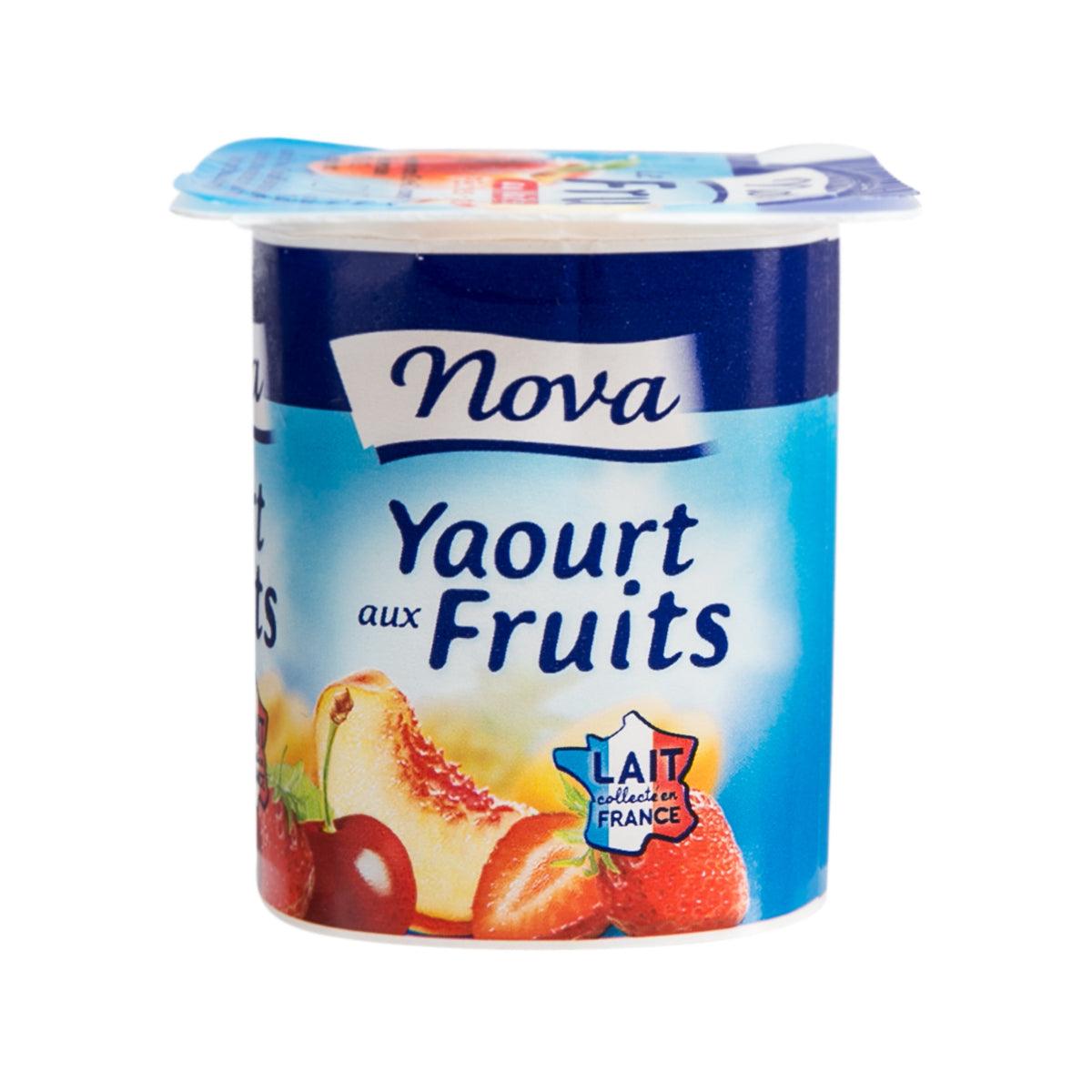 Nova fruit yogurt cup with blue label and strawberry and peach fruit graphics