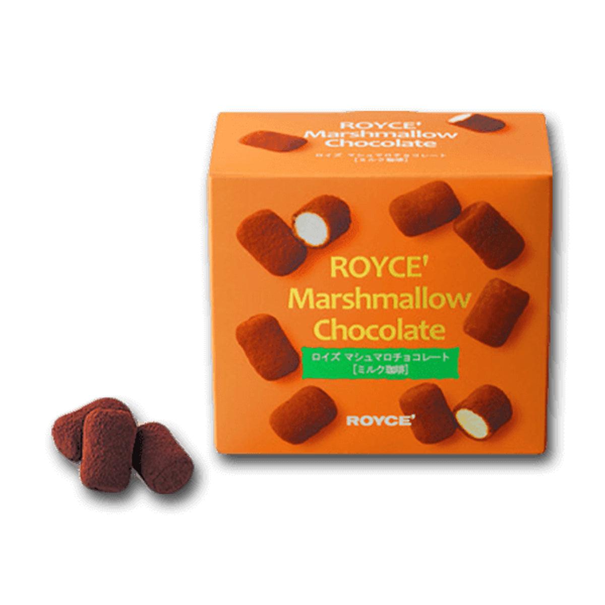 ROYCE' marshmallow chocolate box with brown chocolate pieces on orange packaging