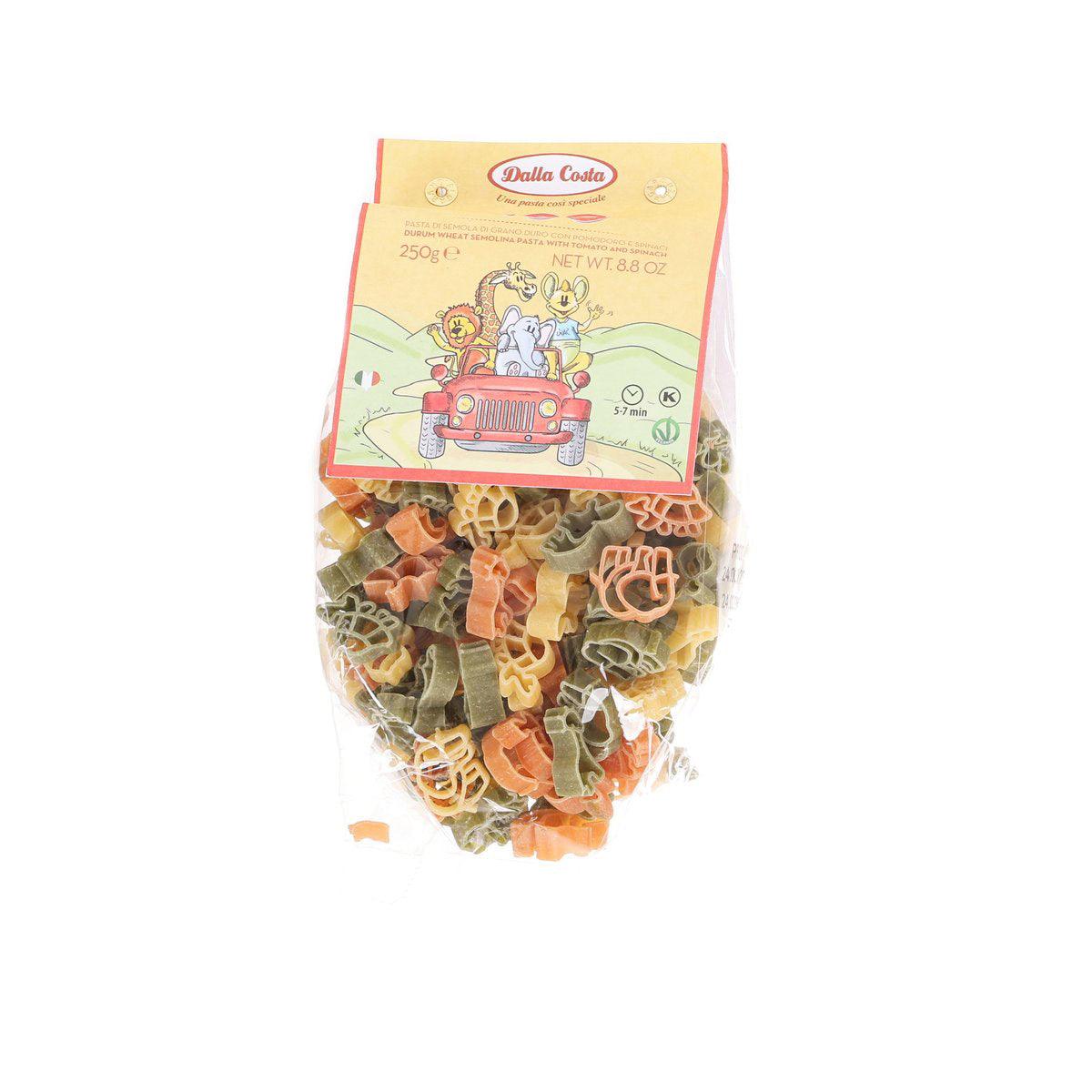 Zoo-shaped dry pasta in 250g bag, multicolor.