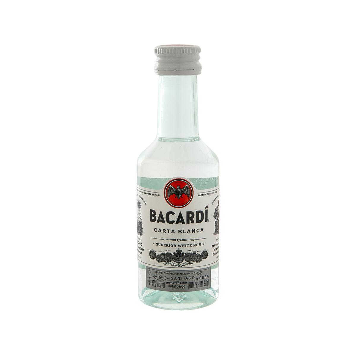 BACARDI Carta Blanca rum bottle, 50 mL, clear bottle with branded label