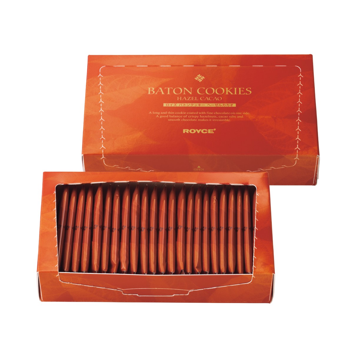 Baton cookies gift box with dark brown biscuit sticks, open tray with 25 pieces