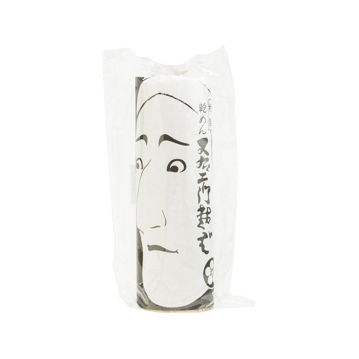 Soba noodle bag, white package with face graphic and Japanese text
