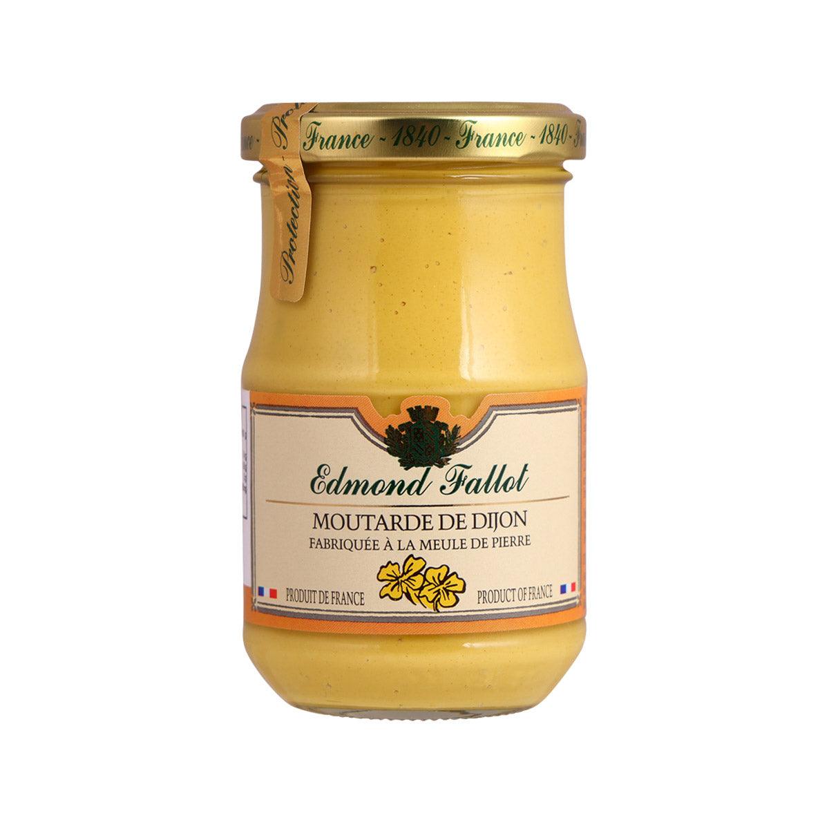 EDMOND FALLOT Dijon mustard jar, yellow glass jar with label and gold lid