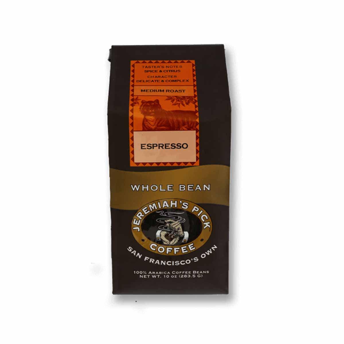 JEREMIAH'S PICK whole bean espresso coffee, medium roast in sealed bag