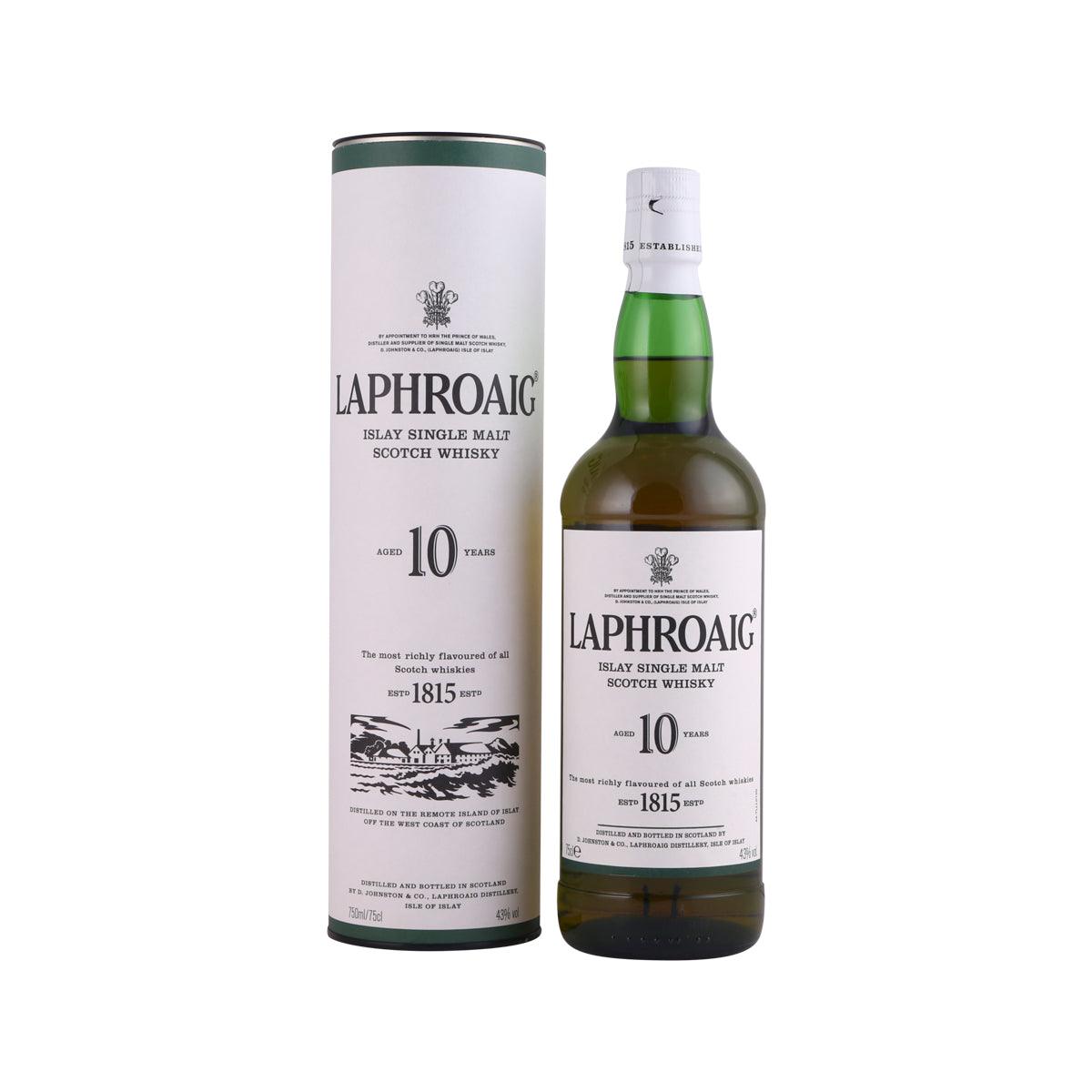 LAPHROAIG 10 Years single malt whisky bottle with green cap and presentation tube