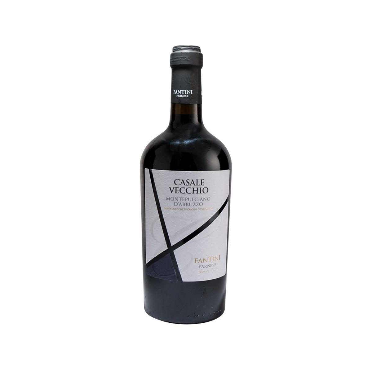 Dark glass wine bottle with black cap, Casale Vecchio label by Fantini