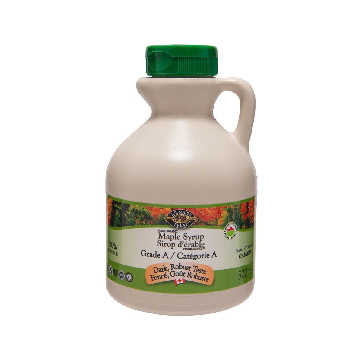 Organic maple syrup bottle with green cap, 500 mL
