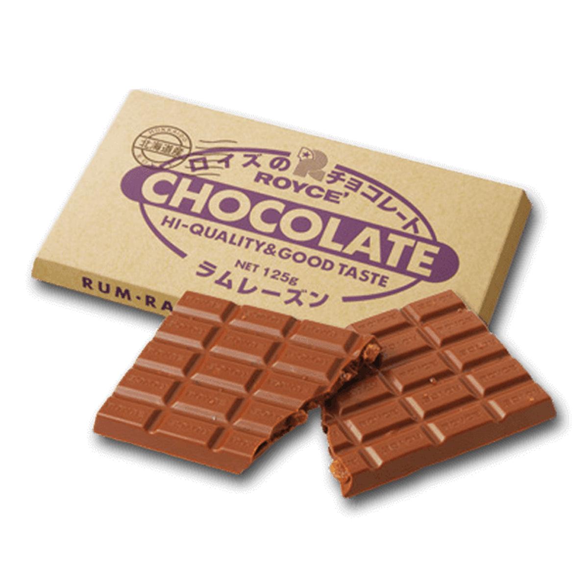 ROYCE' rum raisin chocolate bar with break-apart milk chocolate squares and wrapper
