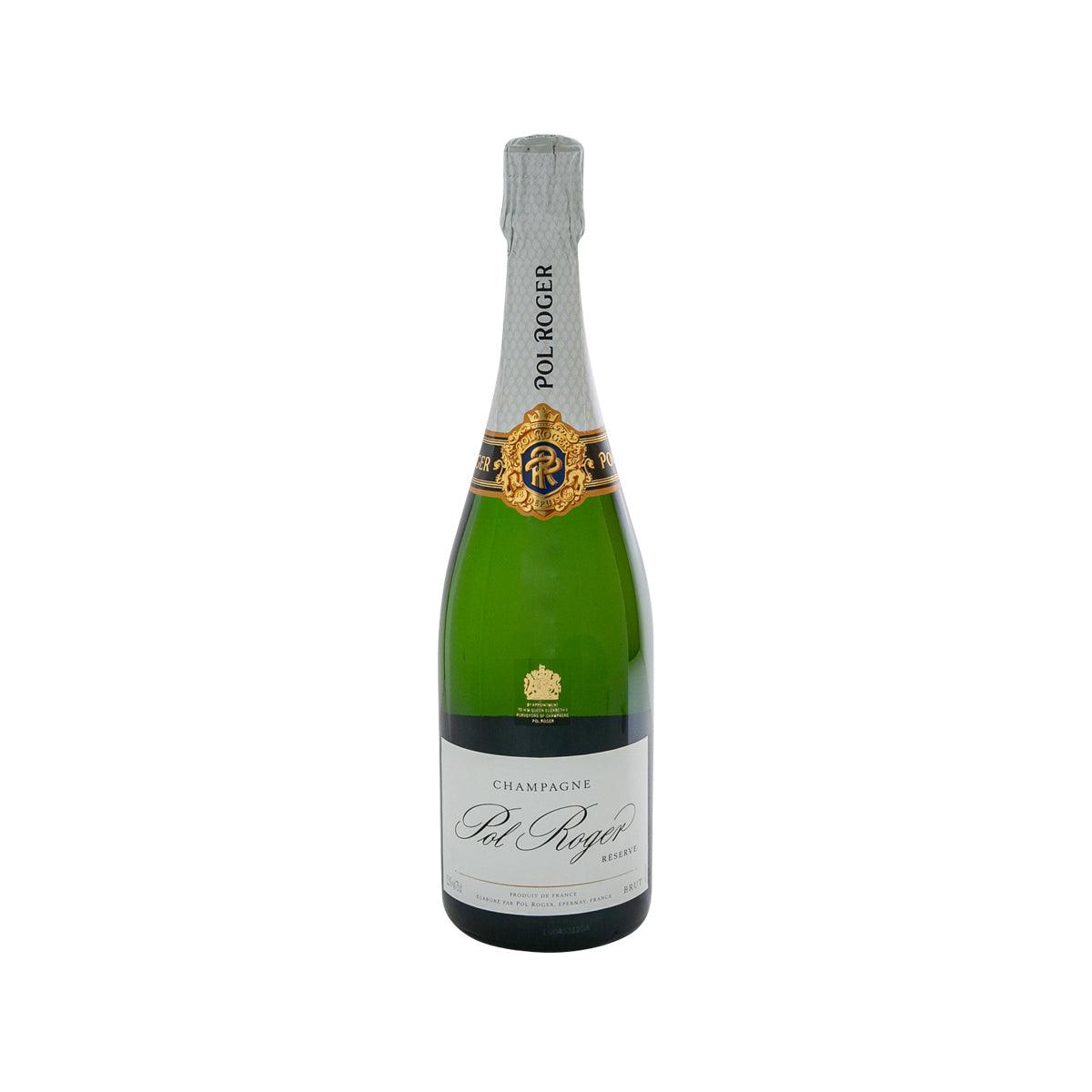 Pol Roger Brut Reserve NV sparkling wine bottle with silver foil cap