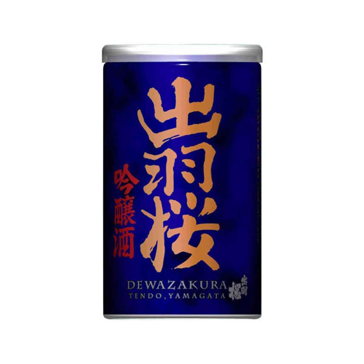 DEWAZAKURA ginjo sake can with silver top; blue label with gold and white text