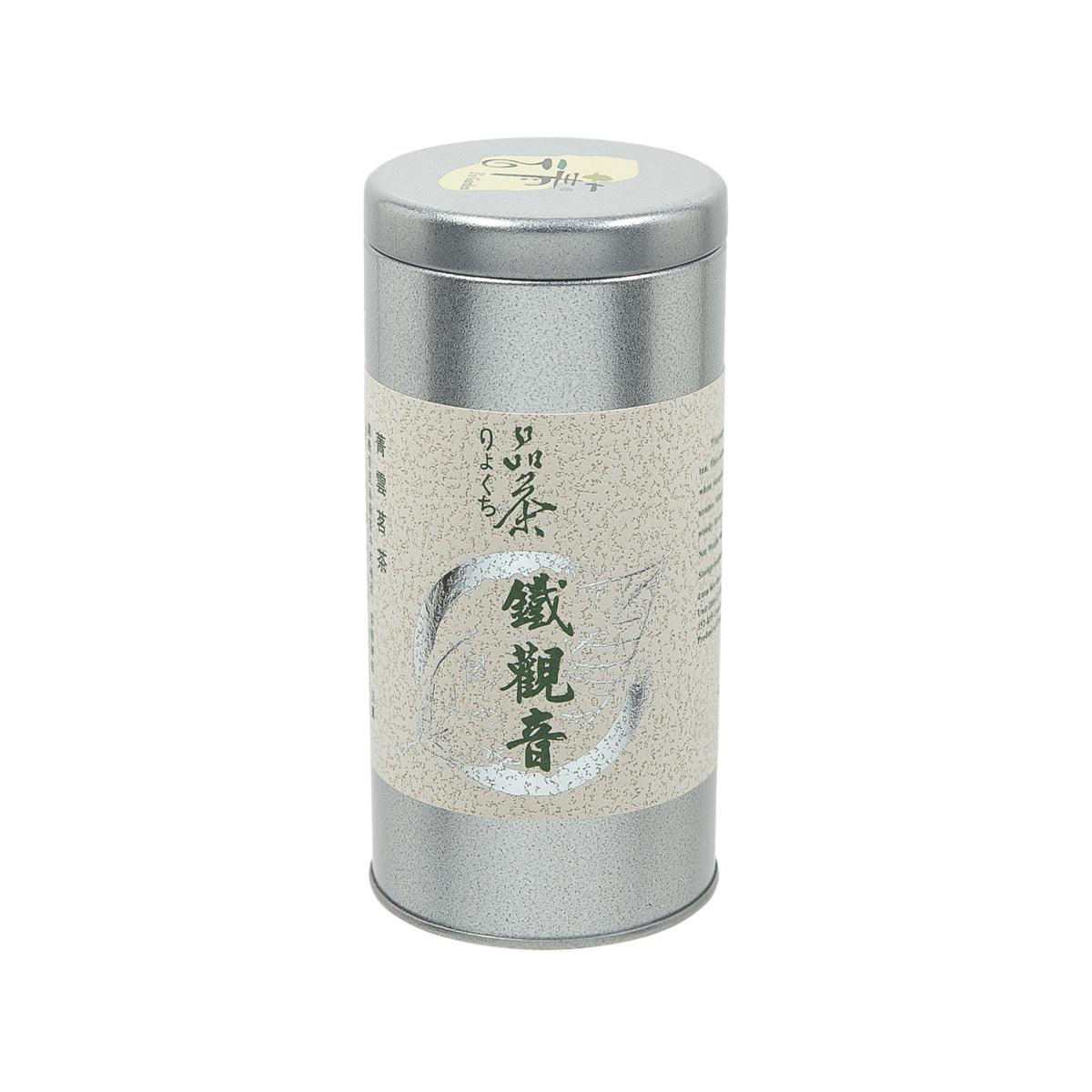 J'S GARDEN Tie Guan Yin tea tin, silver cylindrical metal can with printed label