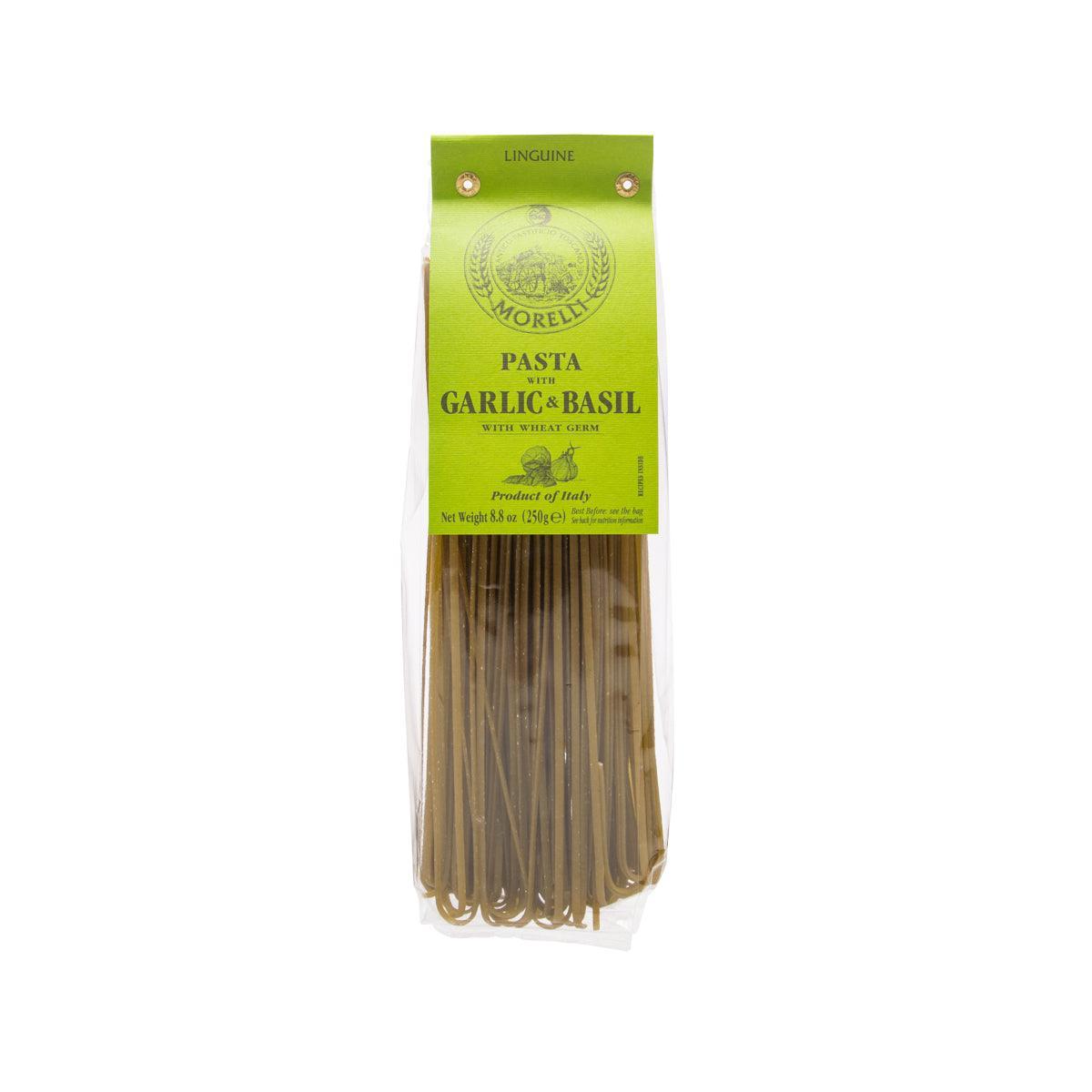 Garlic and basil linguine pasta in sealed bag, wheat germ strands inside