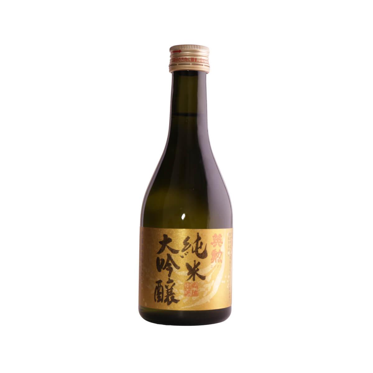 EIKUN Junmai Daiginjo sake bottle, amber liquid, gold and black label, 300 mL