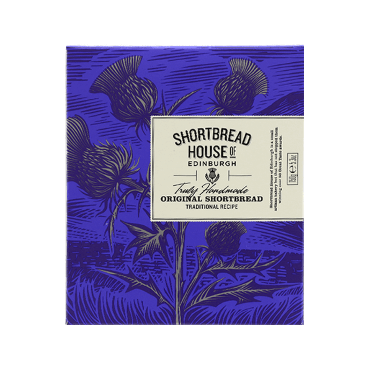 Blue patterned shortbread tin with front label