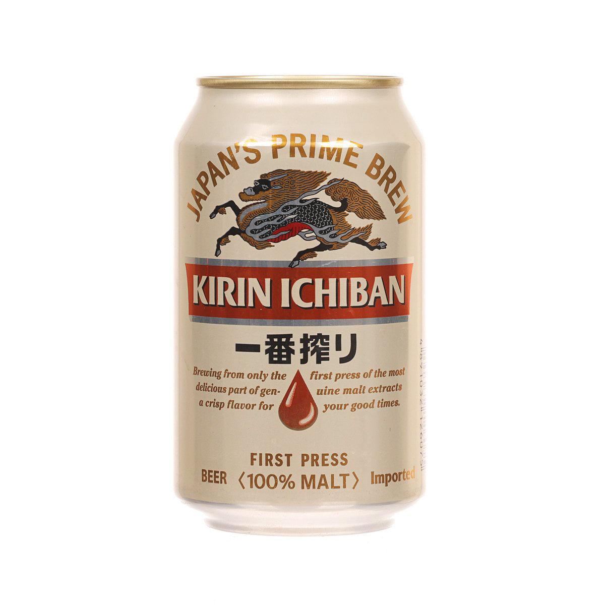 KIRIN Ichiban beer can, cream-gold can with tiger graphic and Japanese label