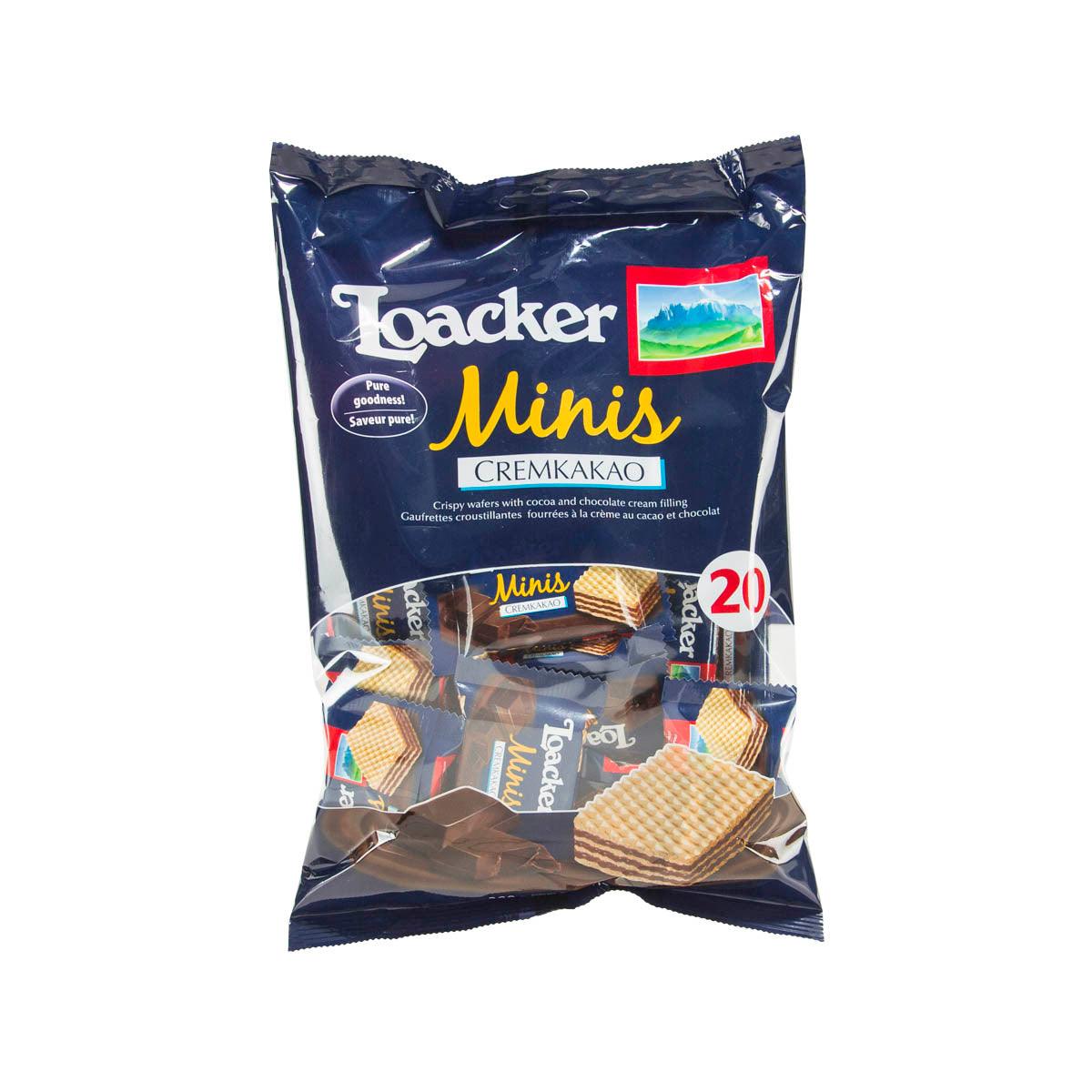 LOACKER Minis cocoa cream filled crispy wafer pack, foil bag with visible wafers