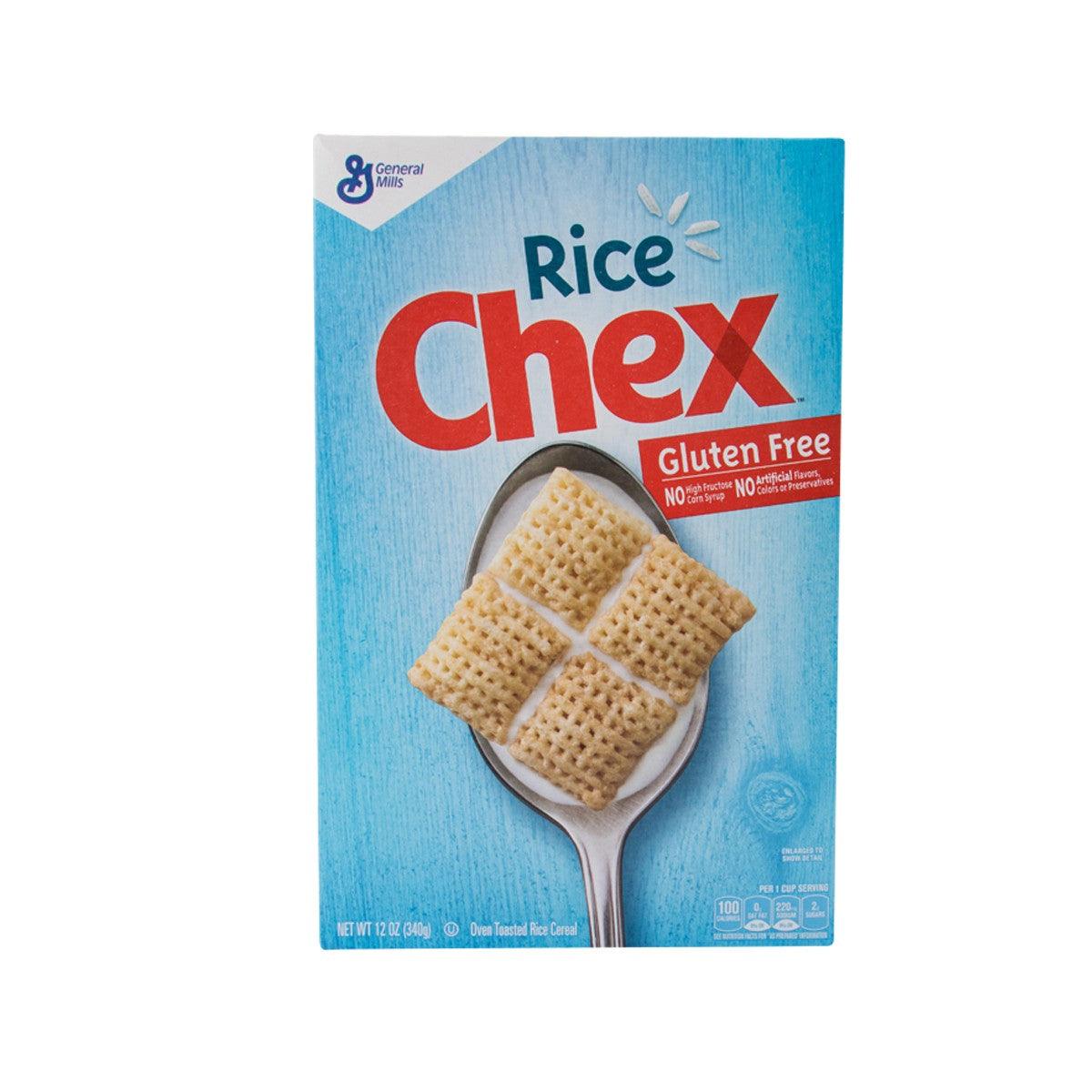 Gluten-free Rice Chex cereal box with rice squares on spoon, blue package