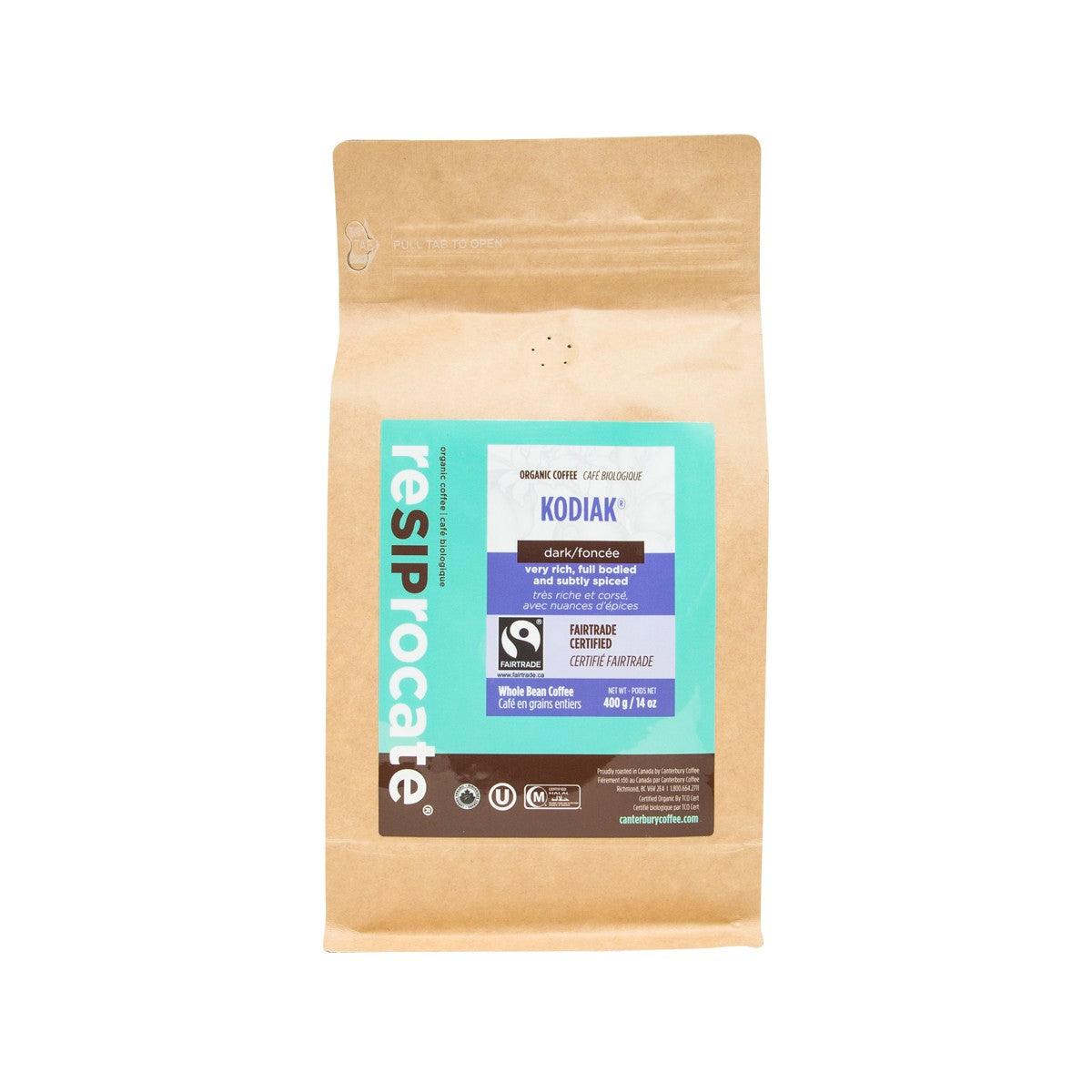 RESIPROCATE organic whole bean coffee bag, tan paper with Kodiak label