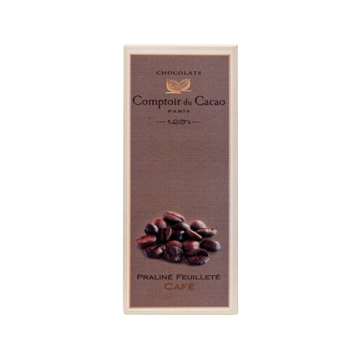 Coffee praline dark chocolate bar package, dark brown label with chocolate beans graphic