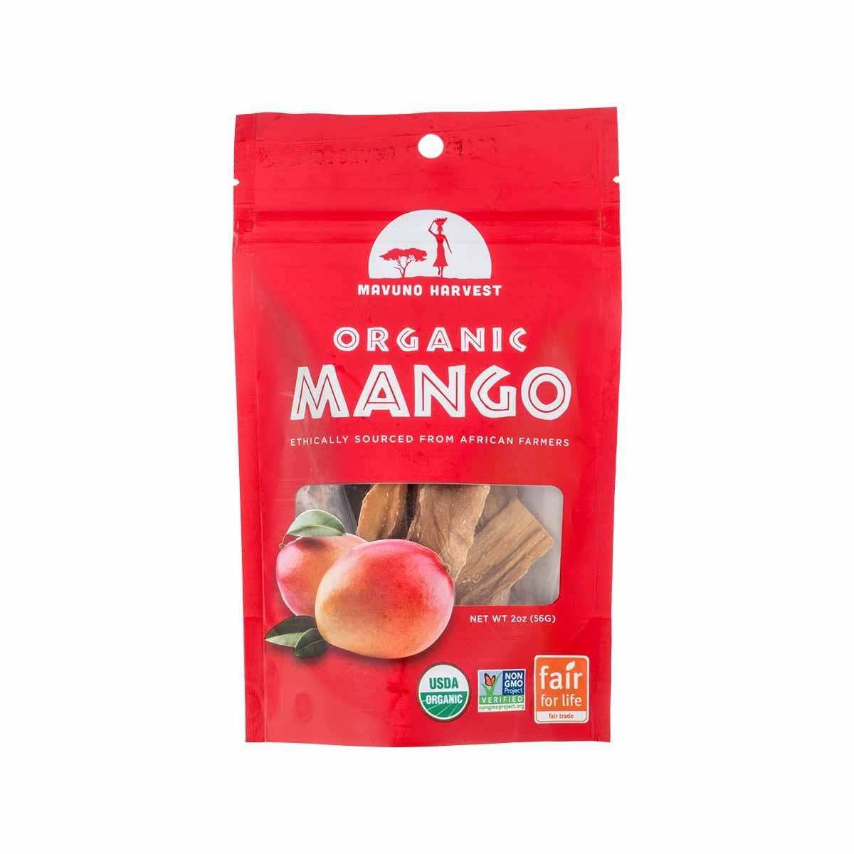 MAVUNO HARVEST organic dried mango pouch, red stand-up package with window