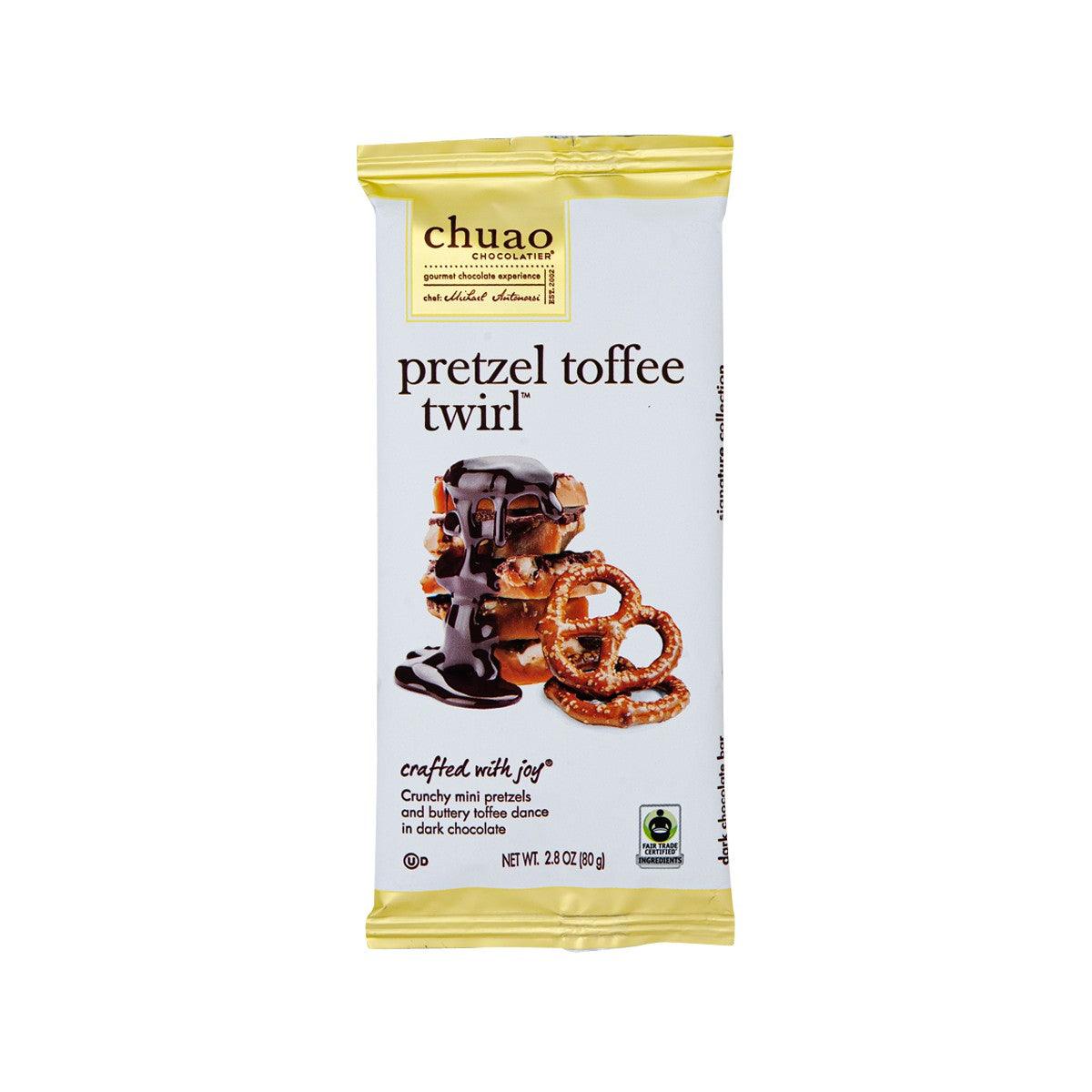 CHUAO pretzel toffee twirl dark chocolate candy bar in foil wrapper