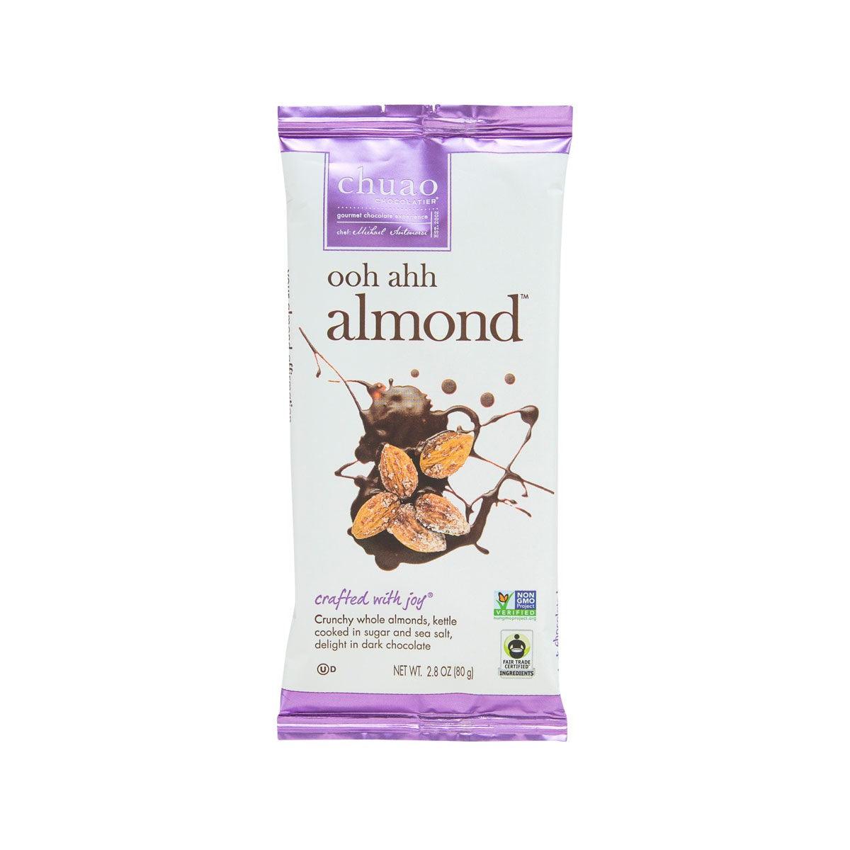 Dark chocolate almond bar in sugar & sea salt, 80g, foil wrapper with branding