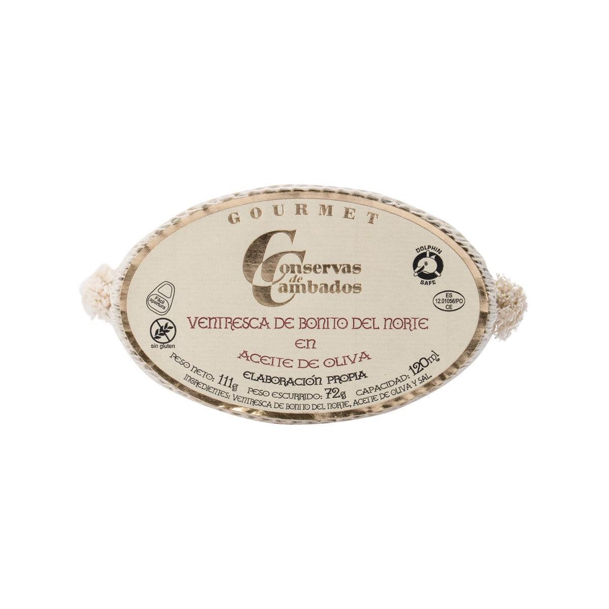Tuna belly fillets in olive oil jar lid with round label and seal