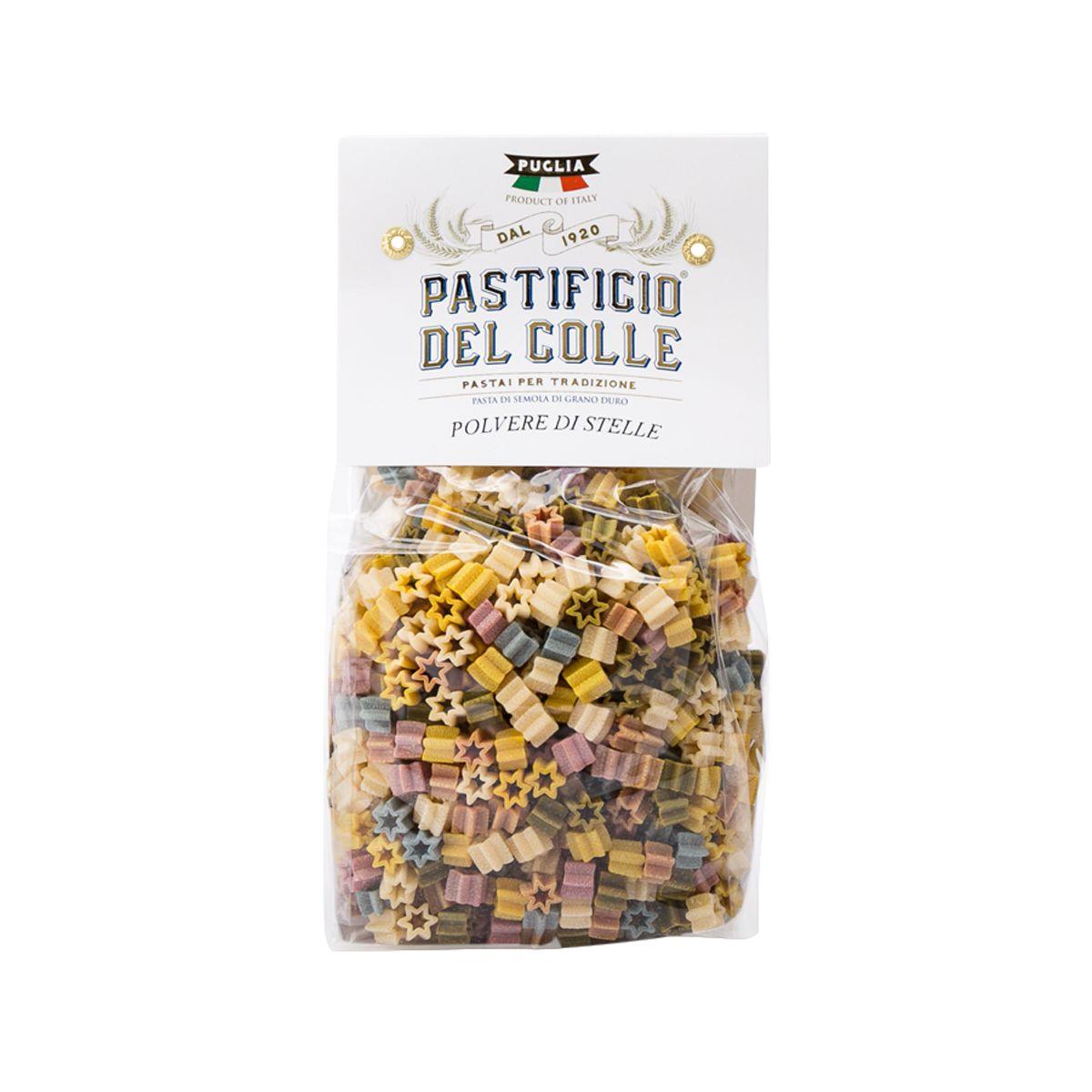 Colorful star-shaped pasta in clear sealed bag, PASTIFICIO DEL COLLE label