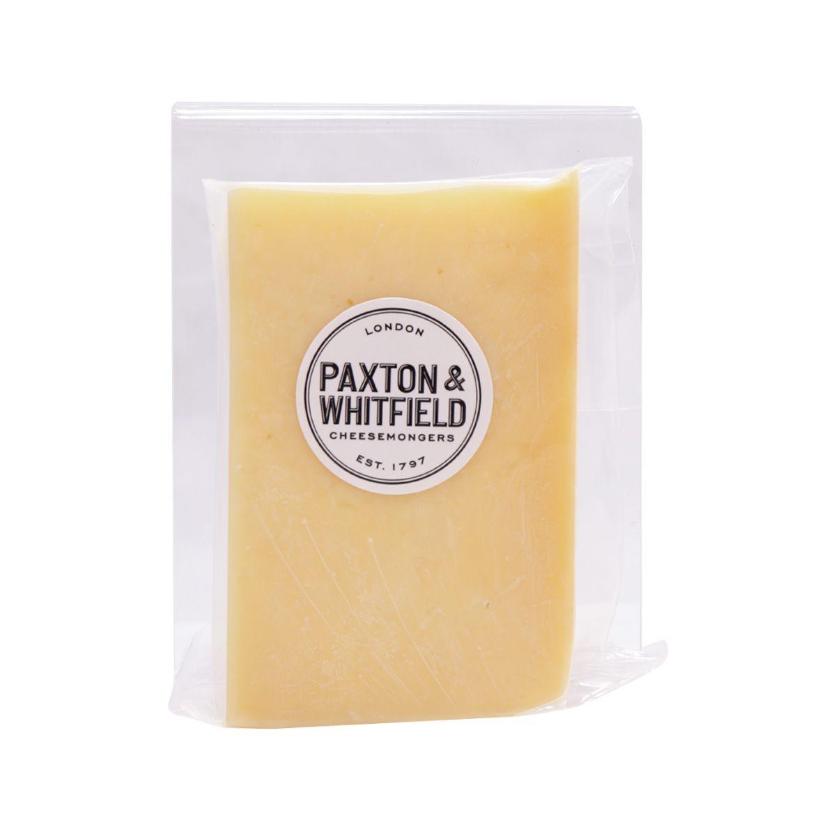 PAXTON & WHITFIELD cave-aged cheddar cheese wedge in clear plastic pack