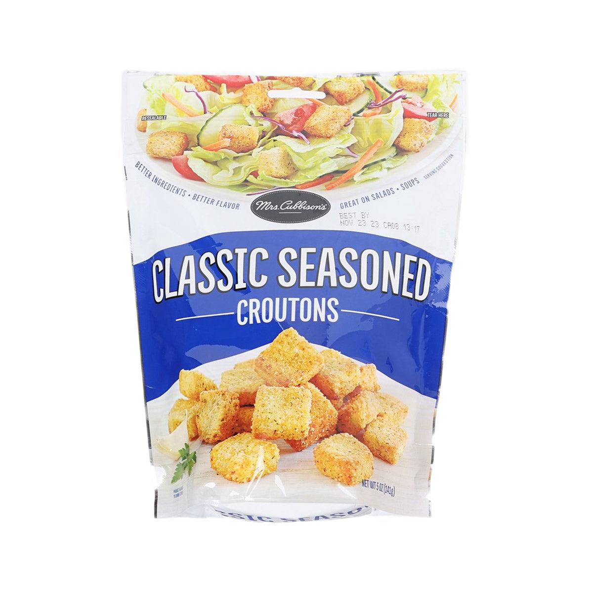 Classic seasoned croutons in clear plastic bag with blue label