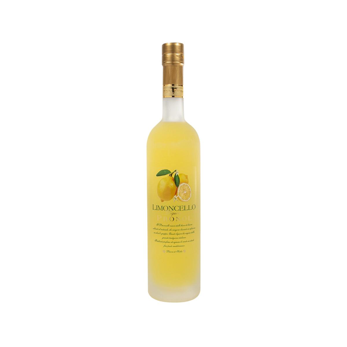 PRONOL Limoncello cream liqueur bottle, gold cap, yellow label on clear glass.