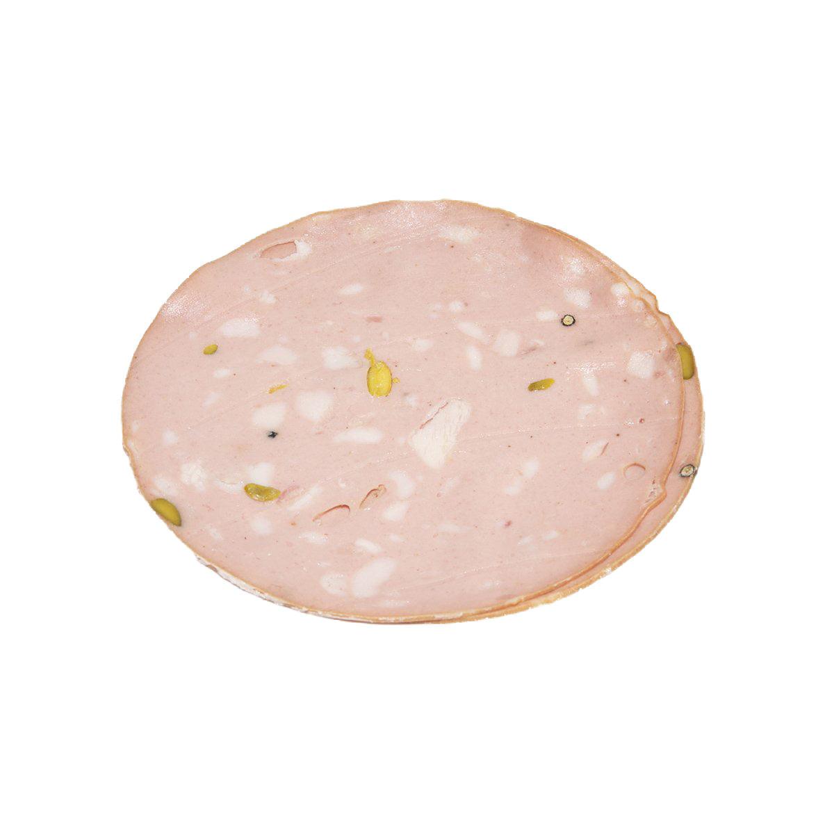 PRIMAVERA organic mortadella bologna with pistachio, sliced oval pink cured meat