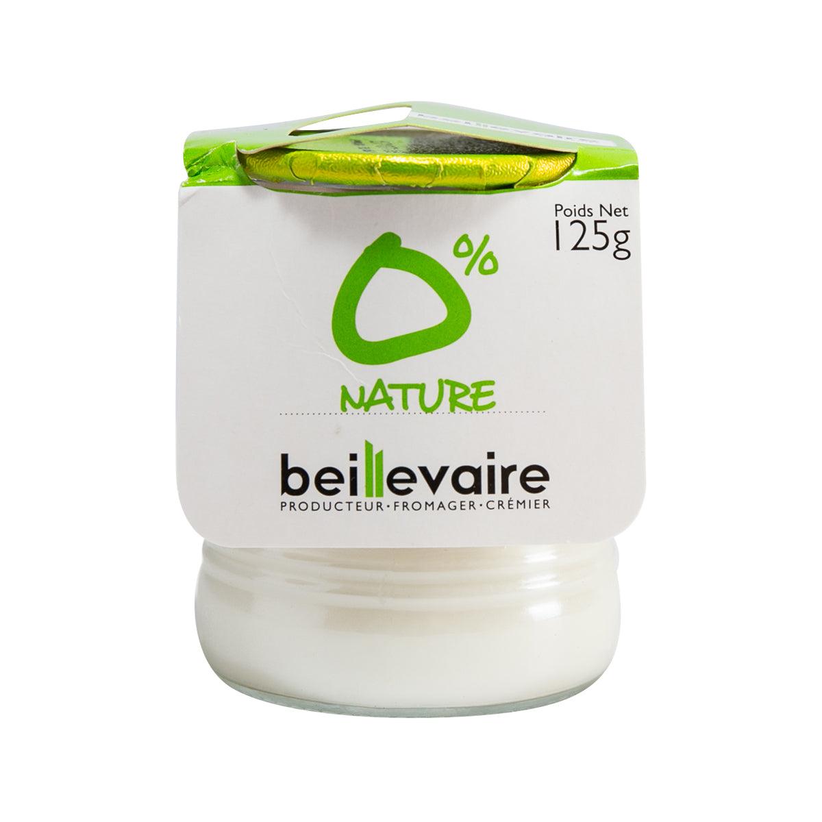 BEILLEVAIRE 0% fat yogurt Nature 125g cup with green-and-white lid and label.