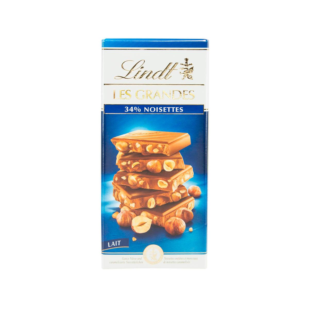 LINDT 34% hazelnut milk chocolate bar pack, blue and white wrapper