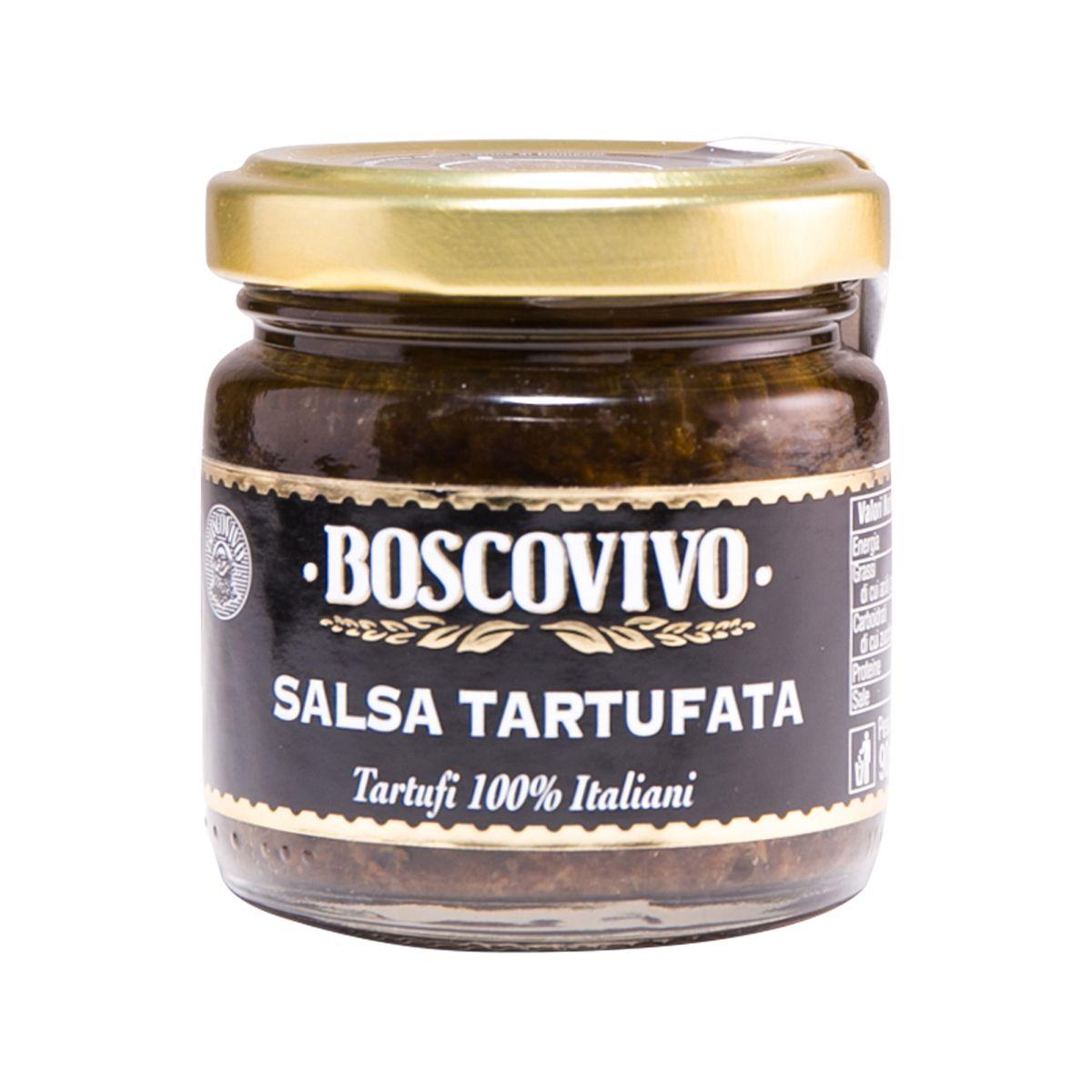 BOSCOVIVO truffle sauce jar with dark sauce and gold metal lid