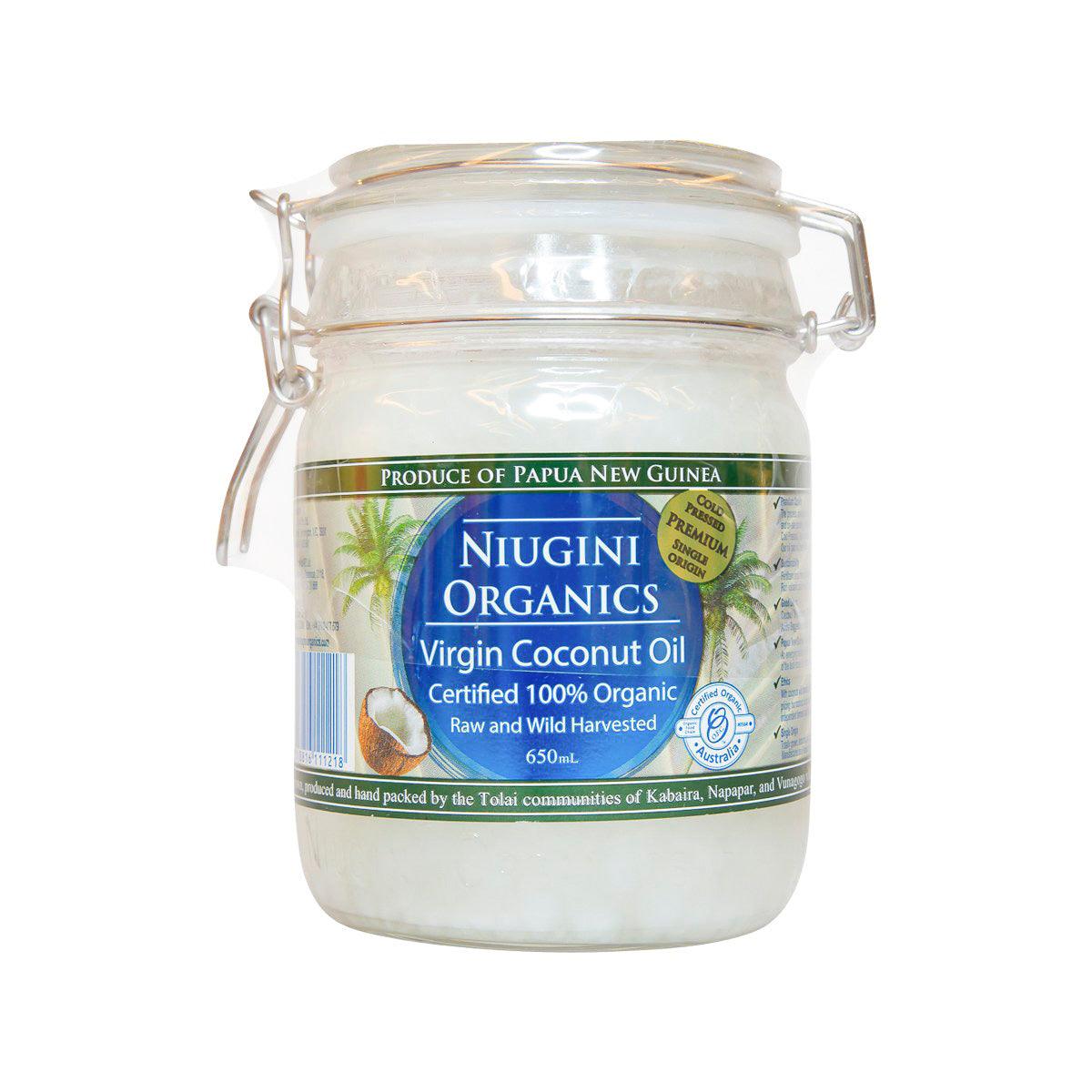 NIUGINI ORGANICS virgin coconut oil in clear glass jar with label